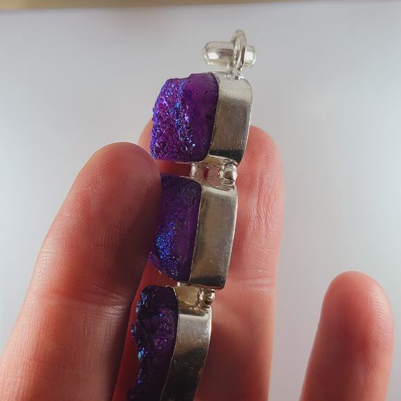 Purple Druzy Quartz Sterling Silver Pendant 2.5" Iridescent Triple Drop - Picture 7 of 13